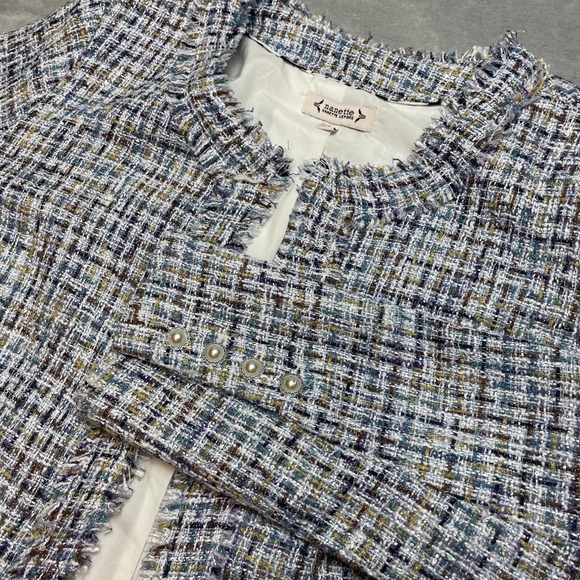 Nanette Lepore Nora‎ Boucle Jacket Womens L Blue Metallic Tweed Pearl Buttons - Picture 2 of 11